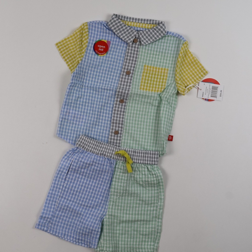 Magnetic Me Short Set Multi Gingham Magnetic Collar Shirt 3T Cotton NWT